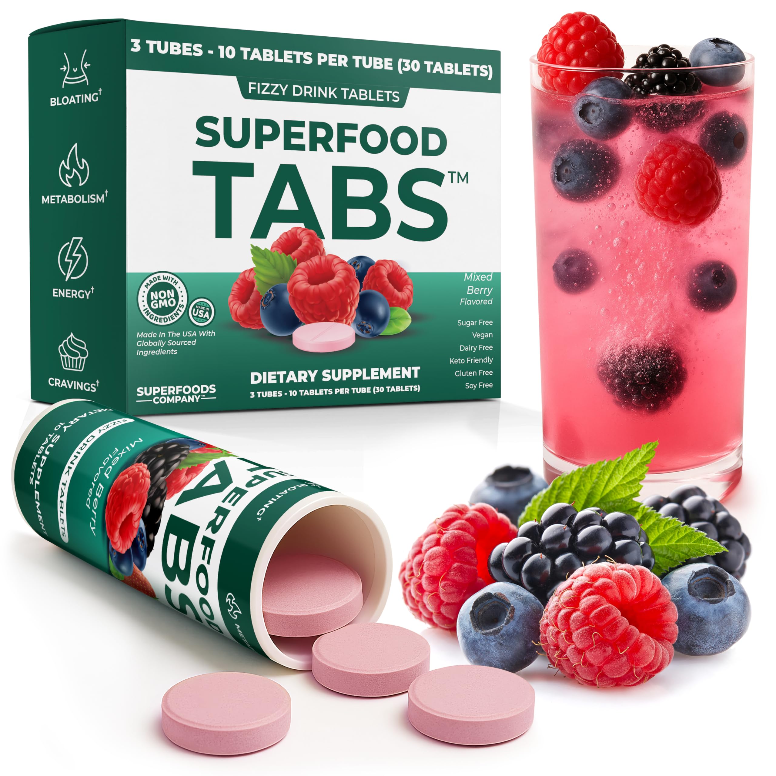 Superfood Tabs Detox: bouteille mélange myrtille, soutien digestion potentiel