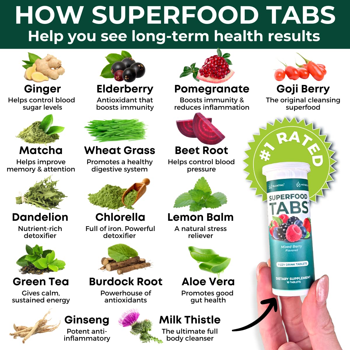 Superfood Tabs Detox: tablettes mélange baies, soutien potentiel au détox et au bien-être