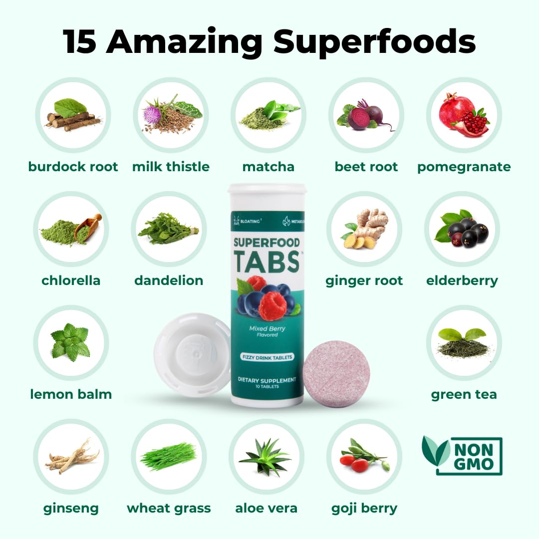 Superfood Tabs emballage avec étiquette indiquant ingrédients naturels et vegan