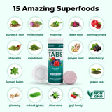 Superfood Tabs emballage avec étiquette indiquant ingrédients naturels et vegan
