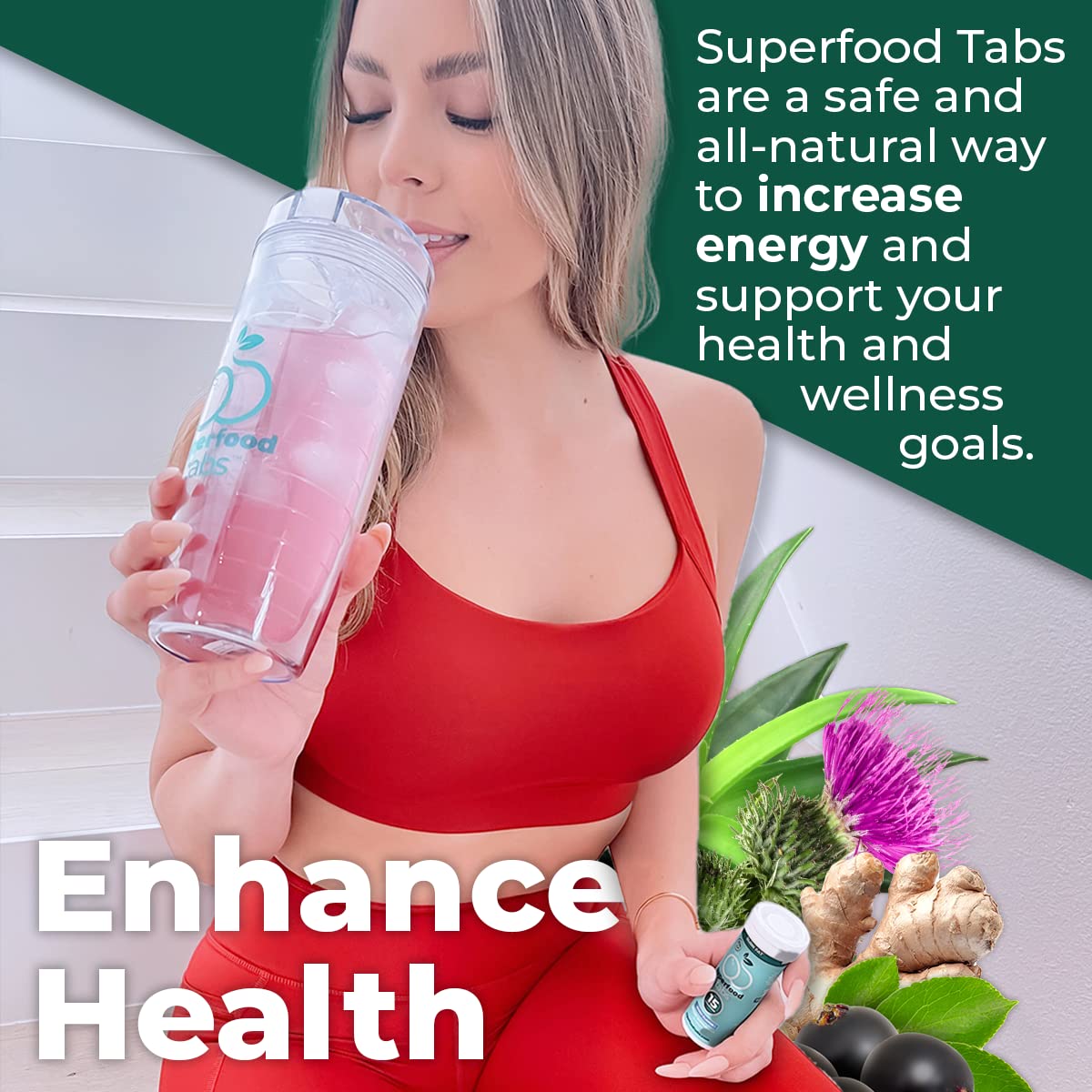Superfood Tabs énergie sans sucre — comprimé avec caféine naturelle et stevia.