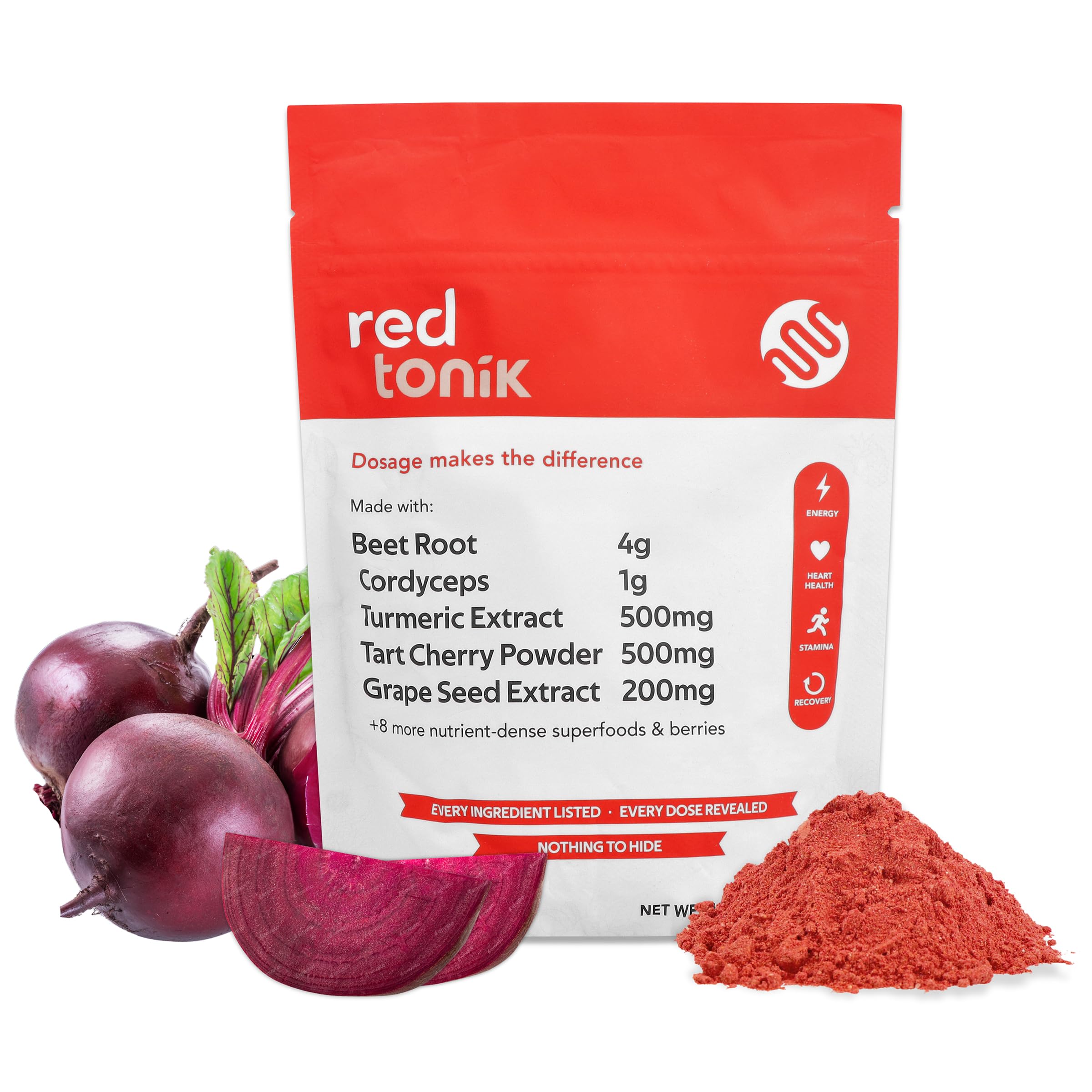 Tonik Rouge SUPERGREEN TONIK dans un verre prêt à boire, énergie potentielle