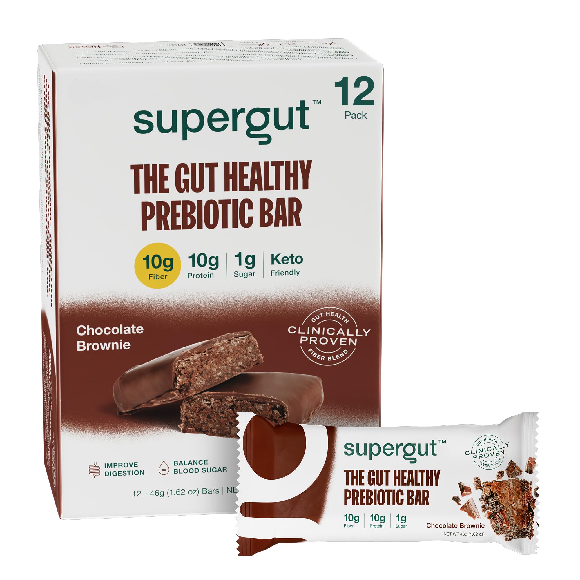 Barre prébiotique Supergut chocolat-brownie dans emballage, idéale pour petit-déjeuner rapide.