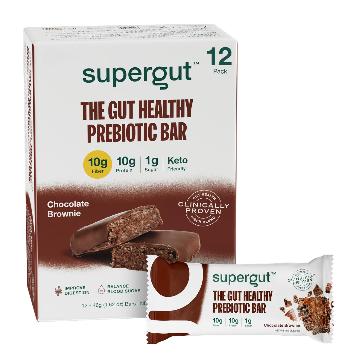 Barre prébiotique Supergut chocolat-brownie dans emballage, idéale pour petit-déjeuner rapide.