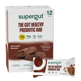 Barre prébiotique Supergut chocolat-brownie dans emballage, idéale pour petit-déjeuner rapide.
