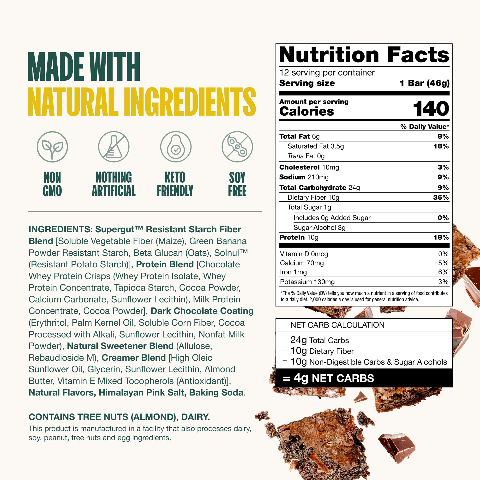 Barre prébiotique Supergut chocolat-brownie compatible régime céto pour déplacement.