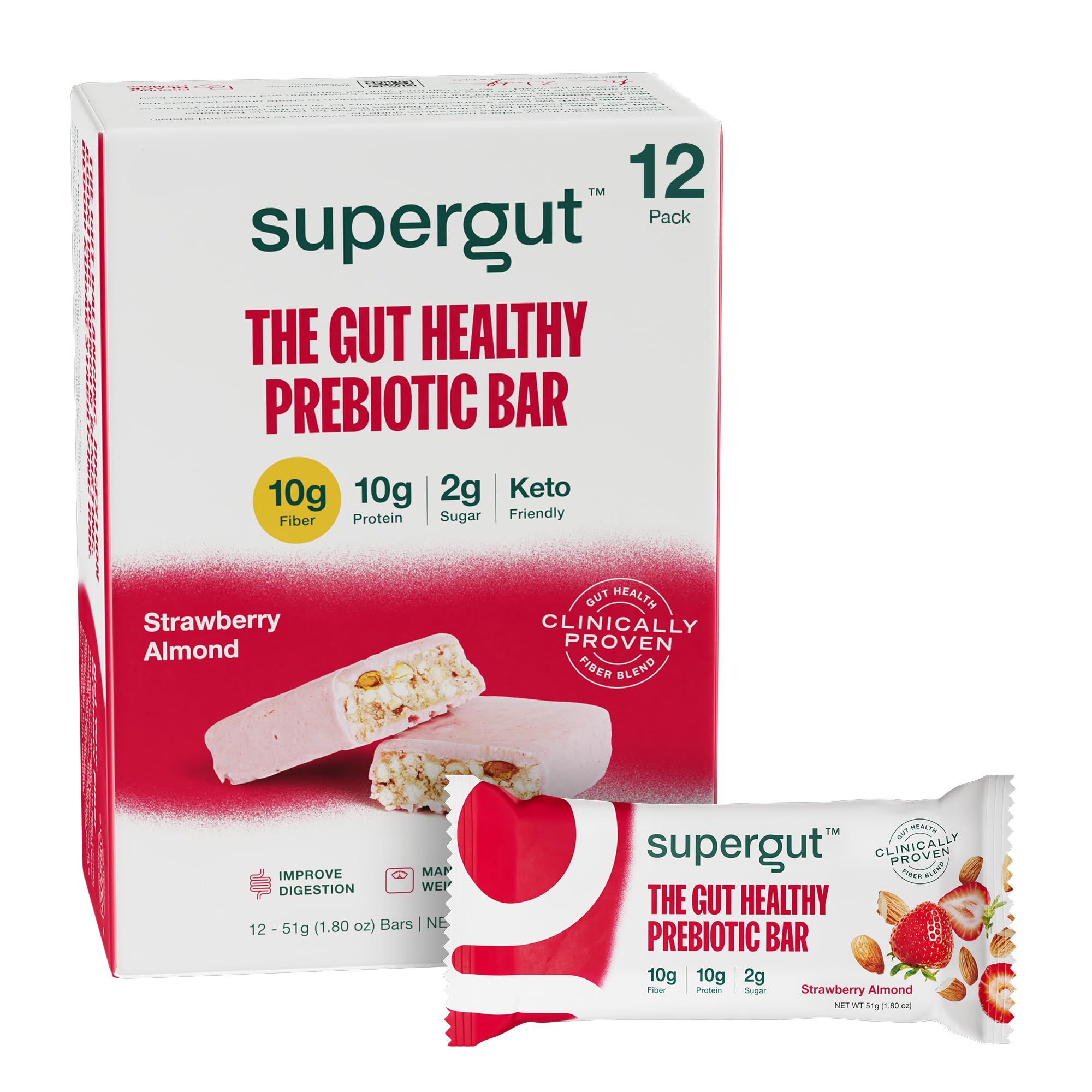 Barre Supergut prébiotique GLP-1 fraise amande, emballage pratique pour emporter