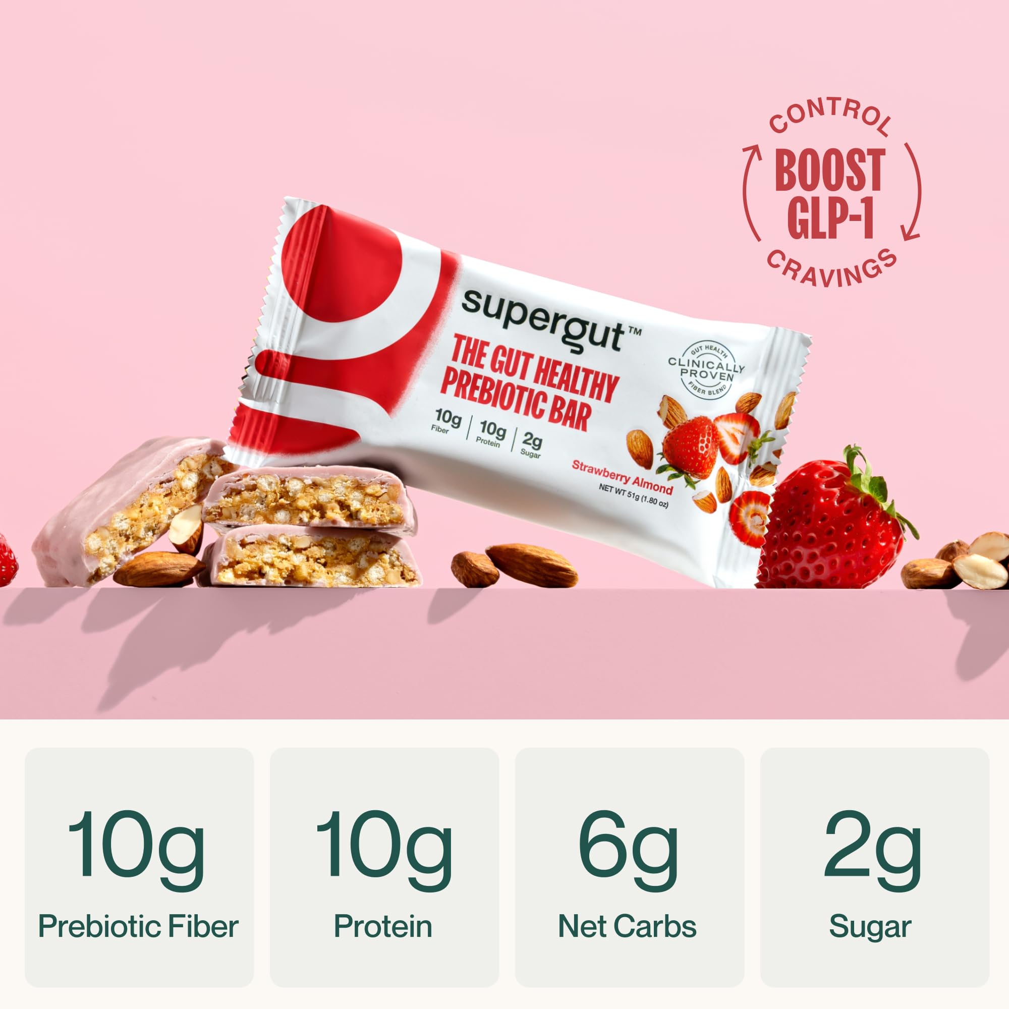 Barre Supergut prébiotique GLP-1 fraise amande, étiquette nutrition claire pour plan nutritionnel