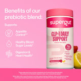 Supergut GLP-1 Daily Support — poudre-framboise-citron, mélange facile dans l'eau, fibre 7 g.