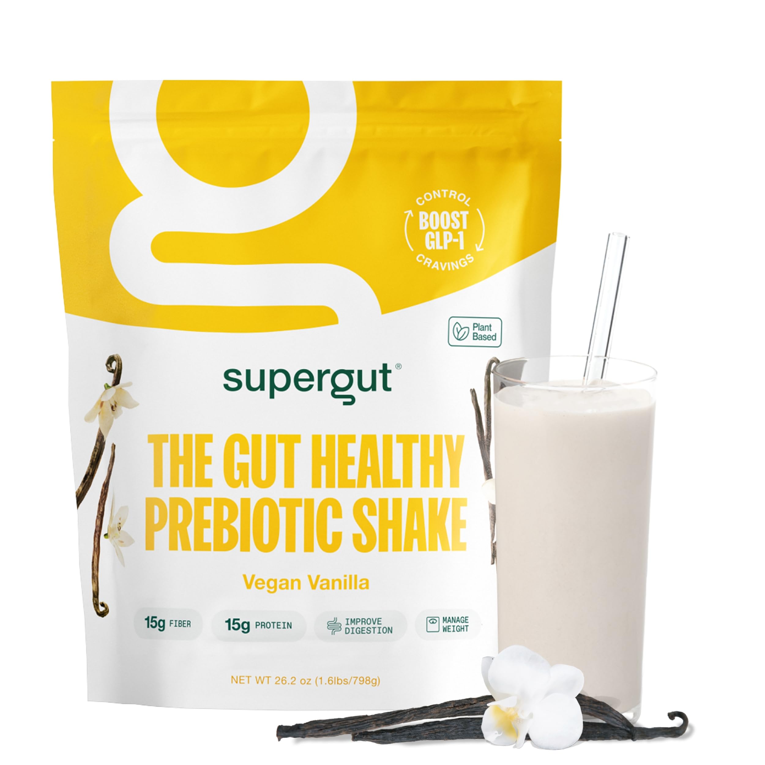 Shaker Supergut vanille dans un verre, soutient la satiété et l'équilibre.