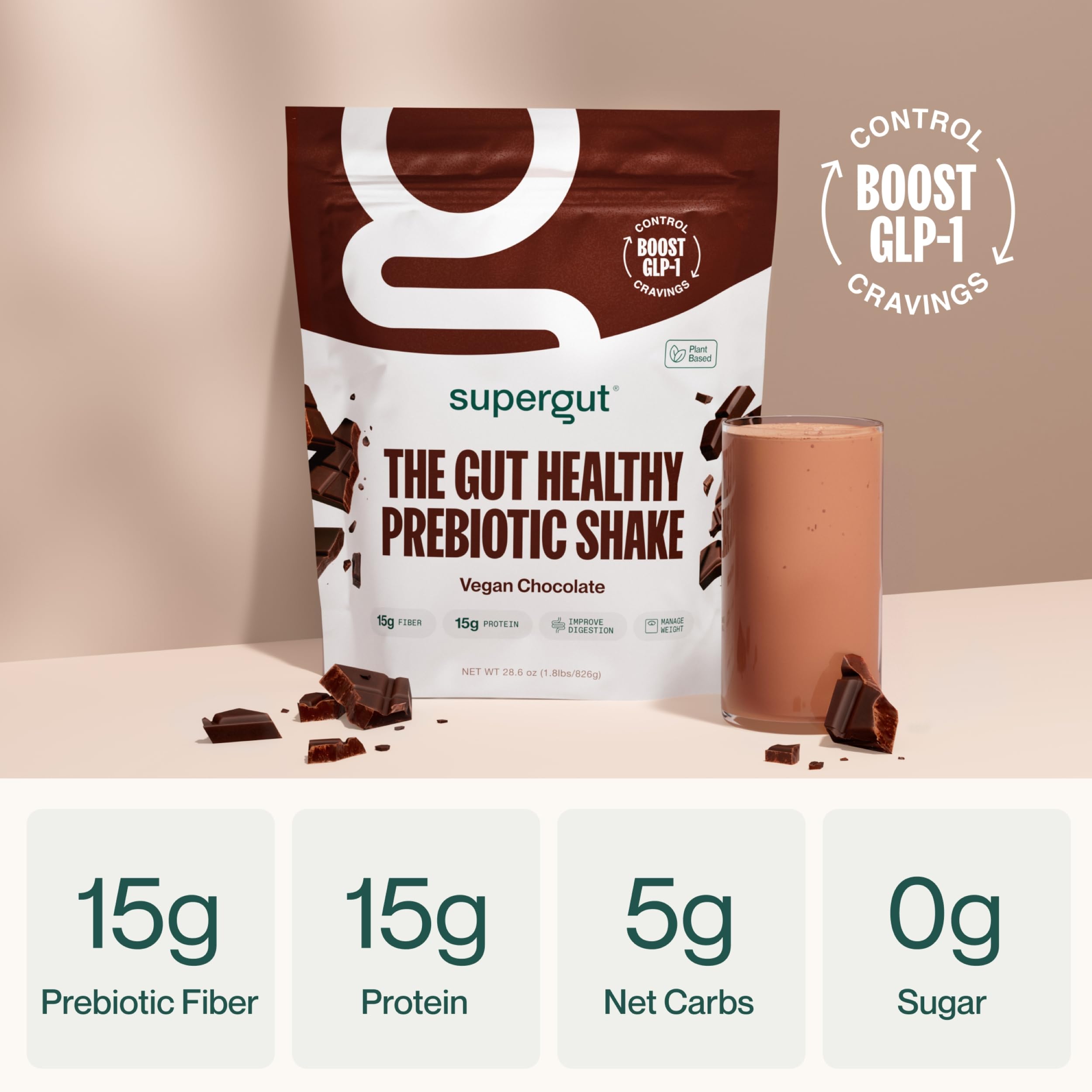 Verre contenant le shake prébiotique Supergut prêt à déguster.