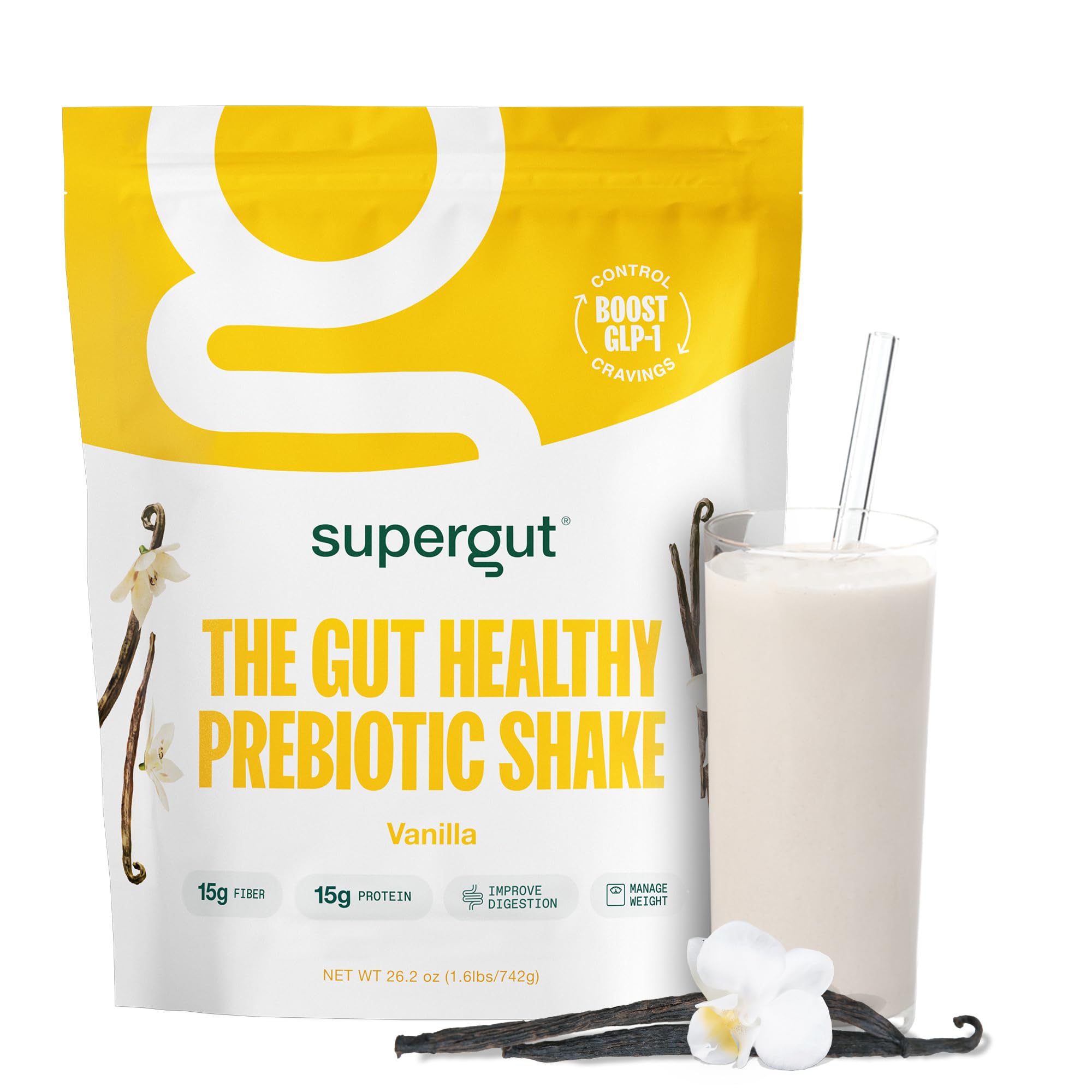 Supergut Shakes Prébiotiques vanille — bouteille prête pour une collation riche en protéines et fibres.