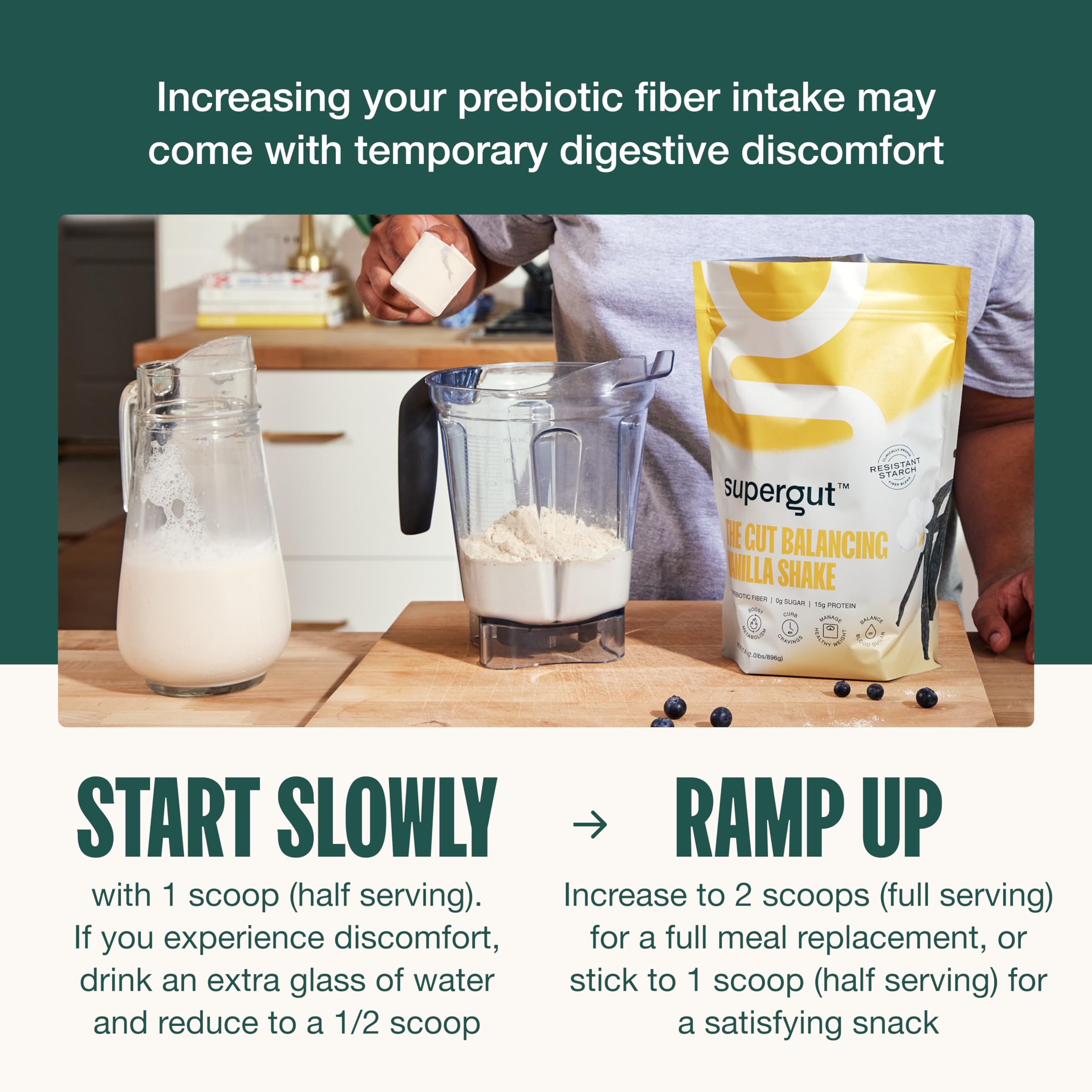 Supergut Shakes Prébiotiques vanille — mélange rapide pour un petit-déjeuner céto sain et pratique.