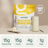 Supergut Shakes Prébiotiques vanille — verre prêt à déguster pour une satiété durable.