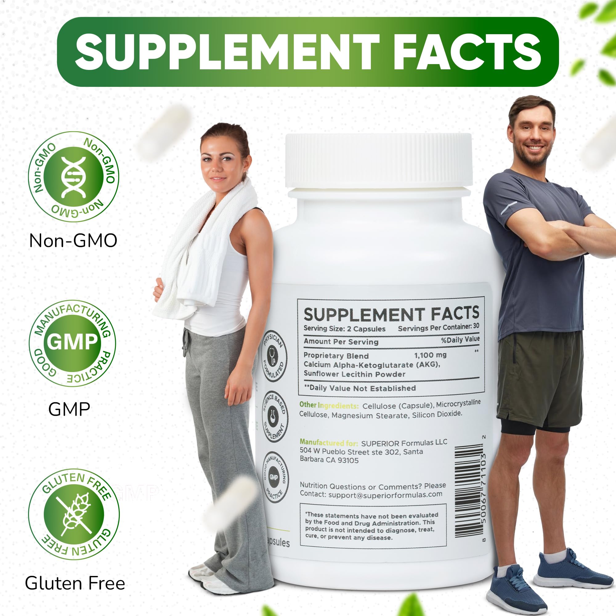 Étiquette AKG sans gluten et formulation sûre pour les consommateurs.