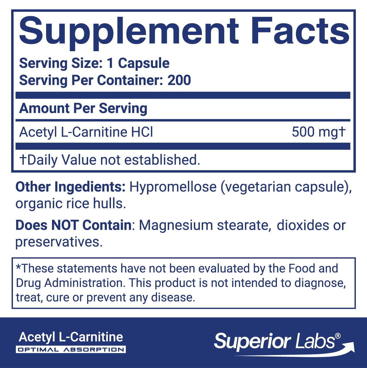 Capsules végétales Superior Labs Acétyl L-Carnitine 500 mg pour facilité d ingestion