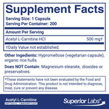 Capsules végétales Superior Labs Acétyl L-Carnitine 500 mg pour facilité d ingestion