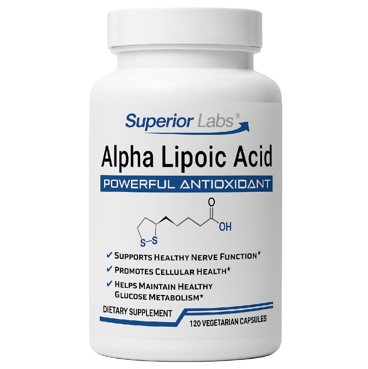 Flacon Superior Labs Alpha Lipoïque 600 mg, soutien potentiel des nerfs et de la circulation.