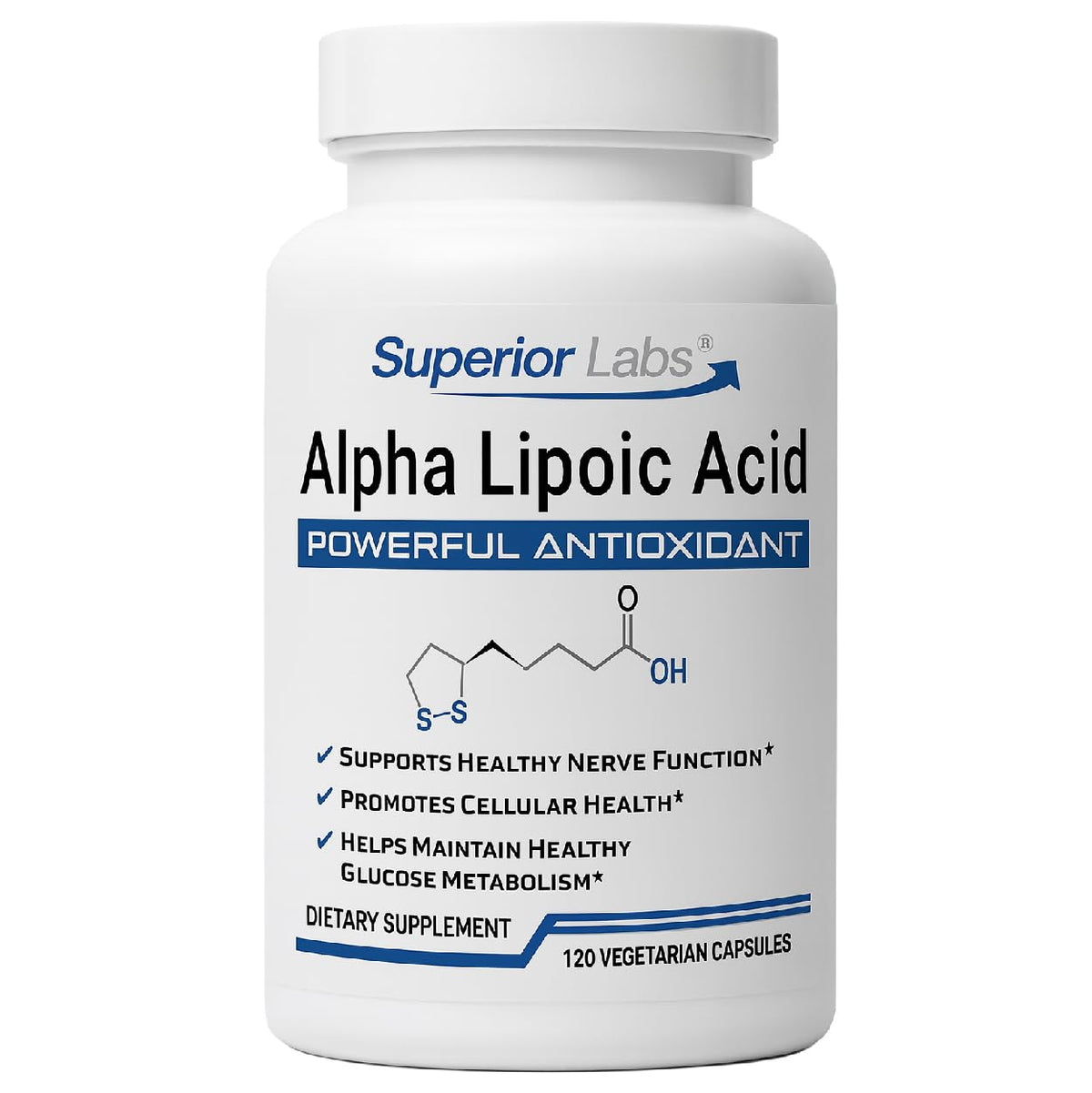 Flacon Superior Labs Alpha Lipoïque 600 mg, soutien potentiel des nerfs et de la circulation.