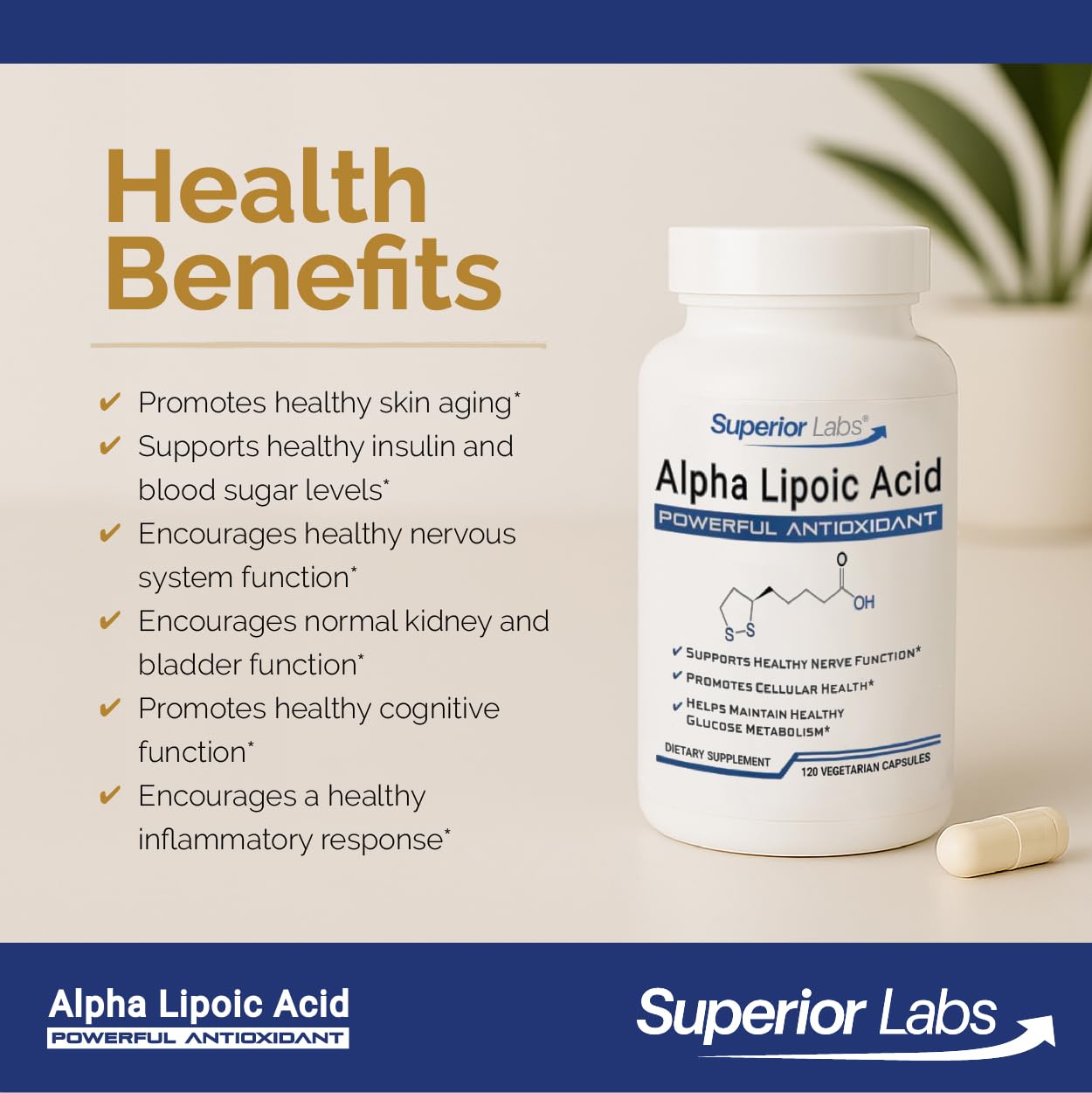 Emballage clair de Superior Labs Alpha Lipoïque 600 mg, symbole de pureté et traçabilité.