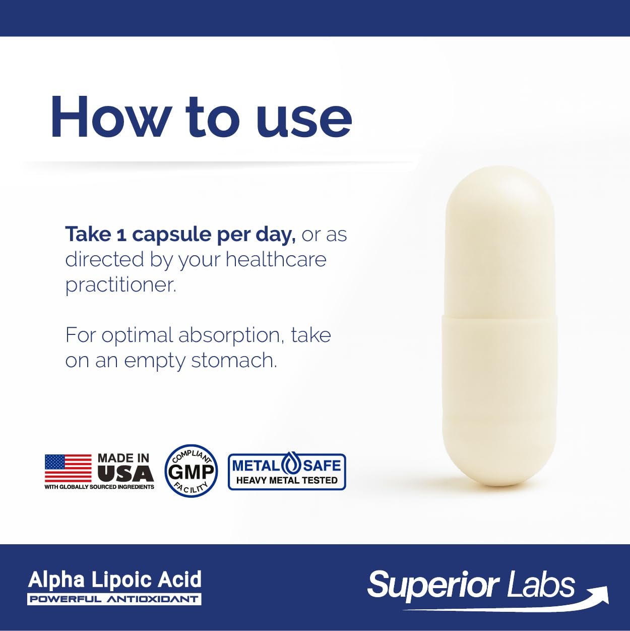 Étiquette Alpha Lipoïque 600 mg Superior Labs indiquant dosage quotidien potentiel.