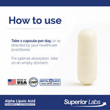 Étiquette Alpha Lipoïque 600 mg Superior Labs indiquant dosage quotidien potentiel.