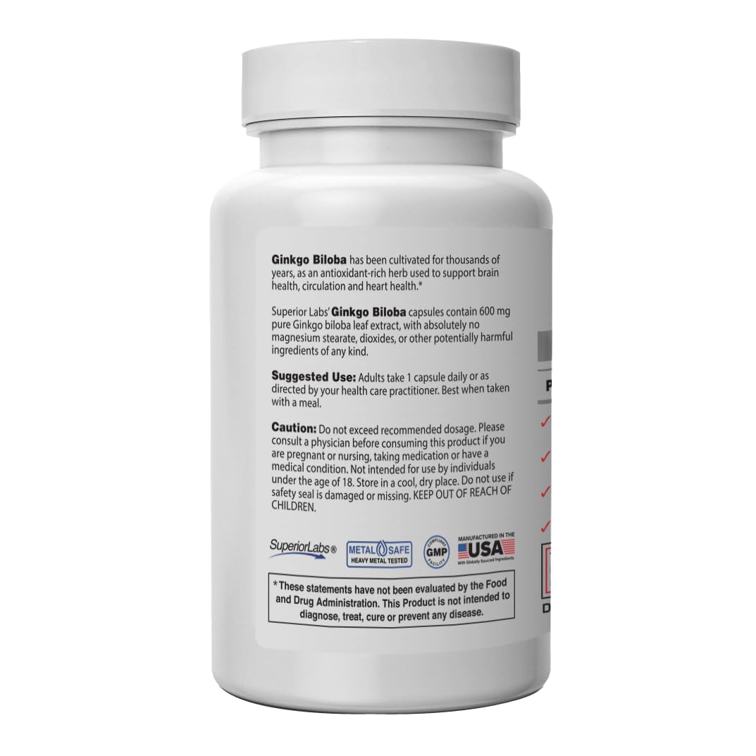 Superior Labs Ginkgo Biloba 1200 mg – capsules visibles, concentration et clarté d’esprit.