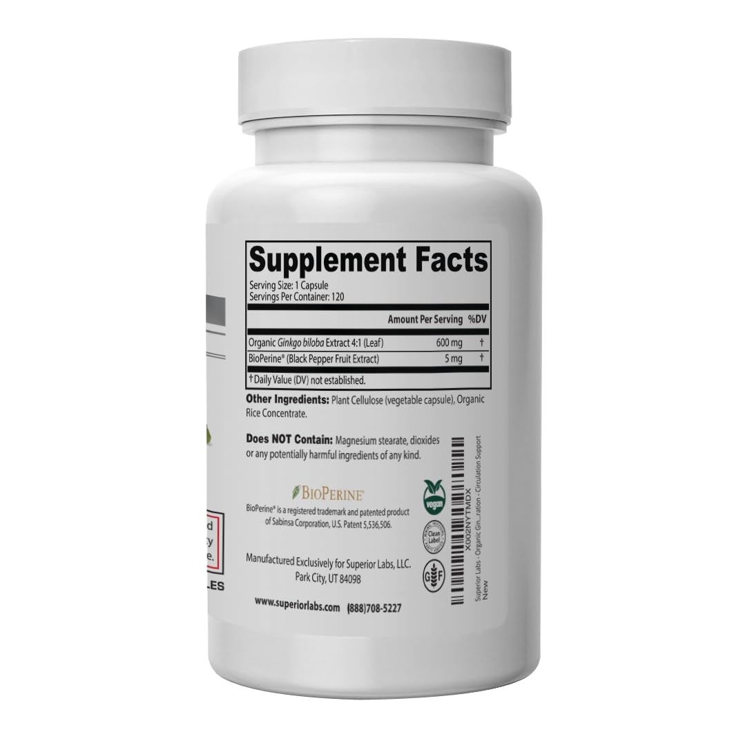 Superior Labs Ginkgo Biloba 1200 mg – étiquette lisible, pureté et qualité.
