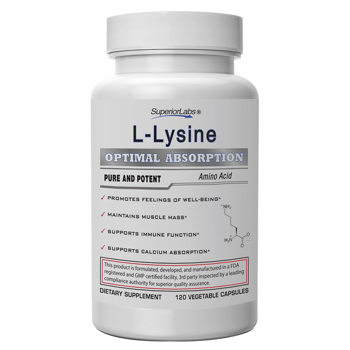 Gélules L-Lysine 500 mg Superior Labs dans la bouteille pour soutien immunitaire potentiel