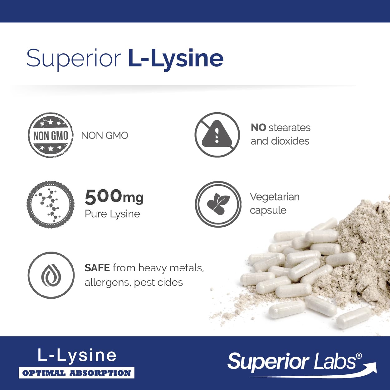 Emballage extérieur Superior Labs L-Lysine 500 mg sans gluten et sans OGM
