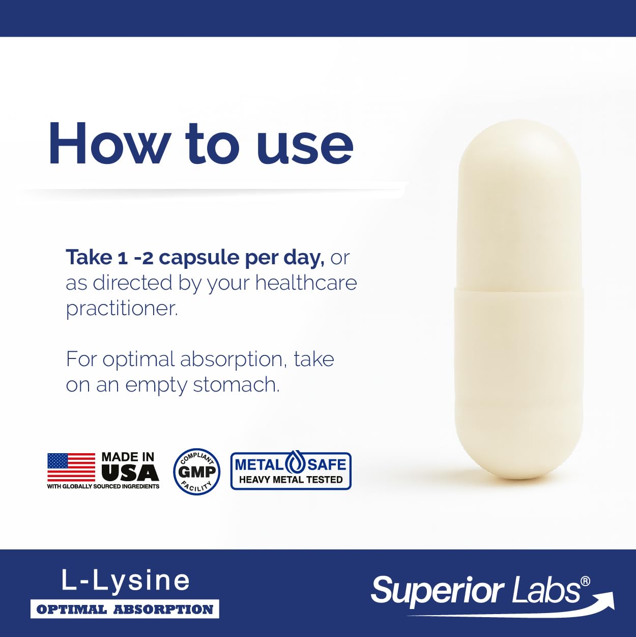 Étiquette claire du produit Superior Labs L-Lysine 500 mg