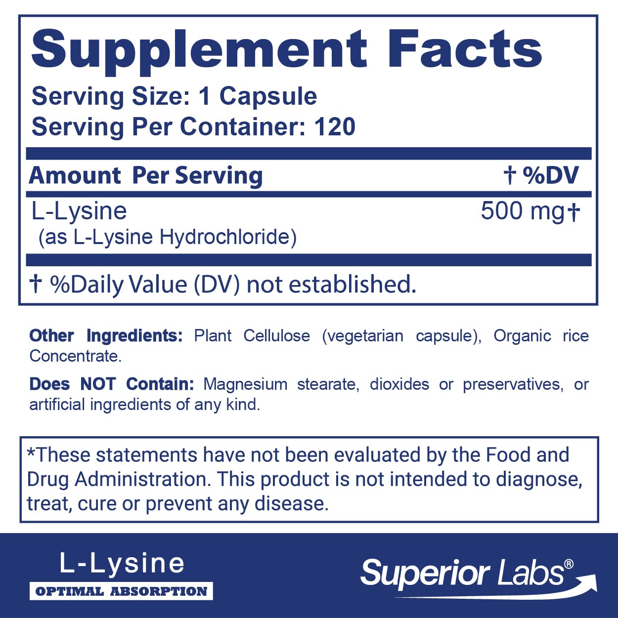 Capsules L-Lysine 500 mg Superior Labs visibles et faciles à prendre