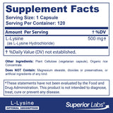 Capsules L-Lysine 500 mg Superior Labs visibles et faciles à prendre