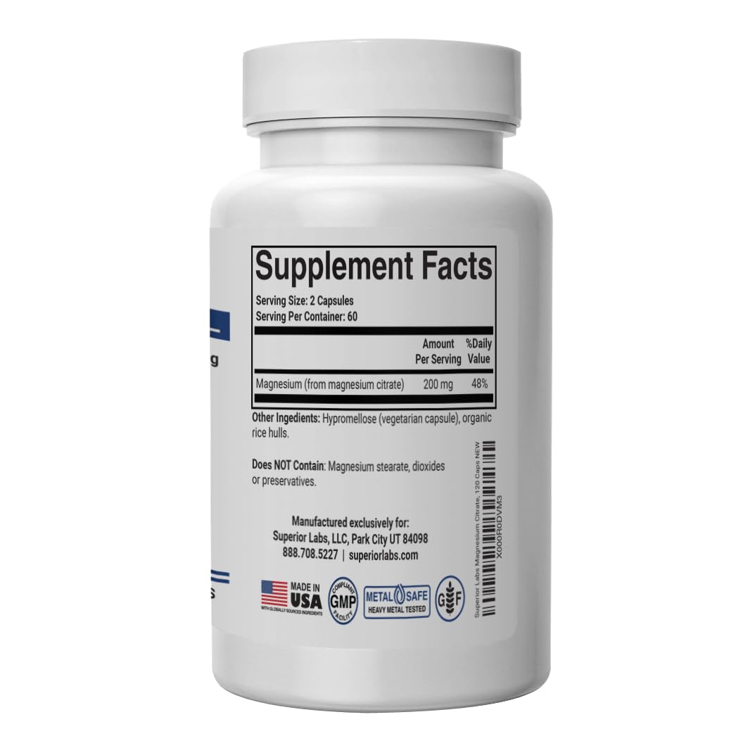 Magnésium citrate Superior Labs 200 mg — boîte d'emballage claire pour le dosage quotidien