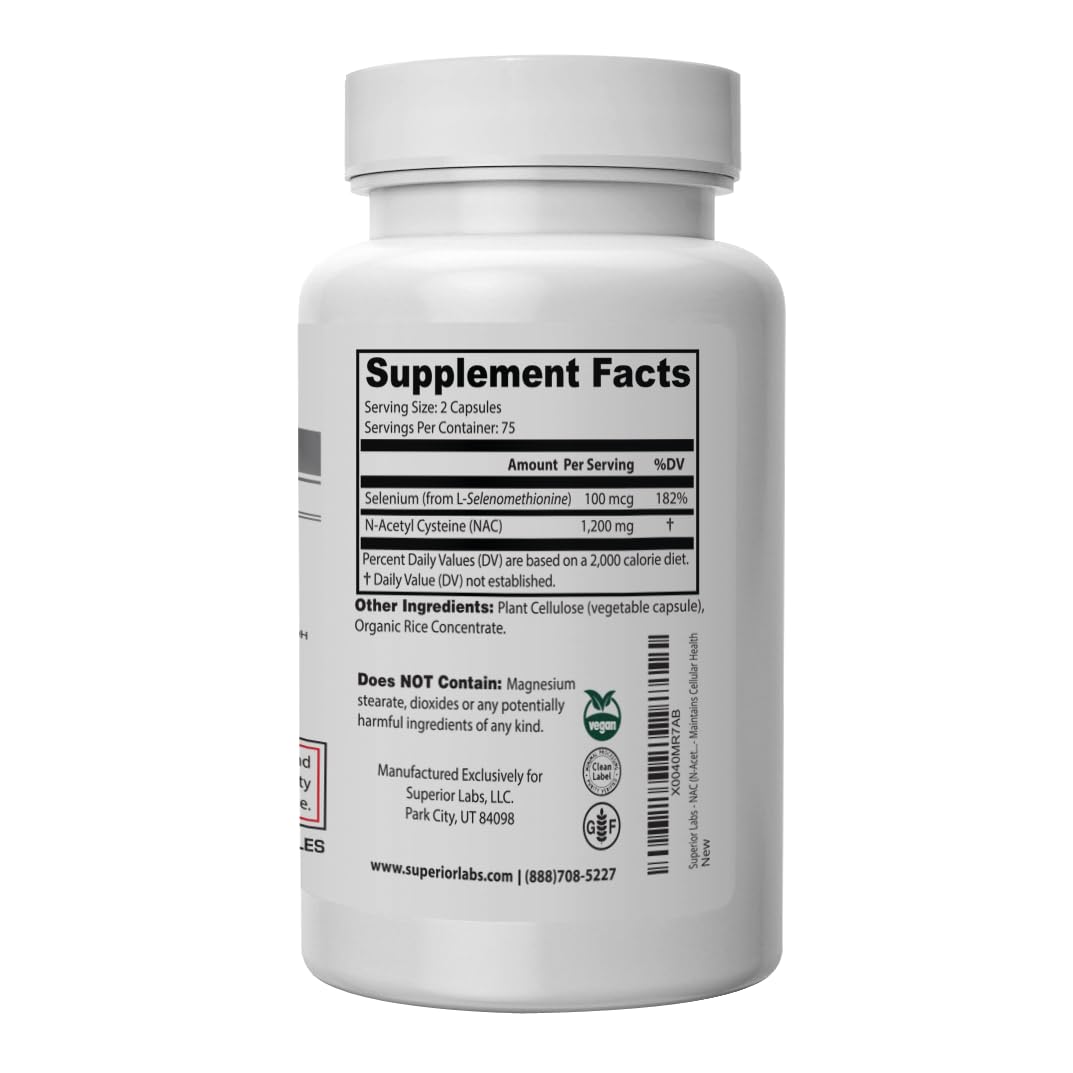 Étiquette NAC Superior Labs affichant ingrédients et conseils d’utilisation.