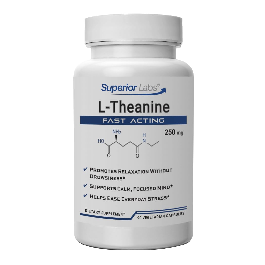  Superior Labs Theanine 250 mg : bouteille montrant des capsules faciles à avaler pour une relaxation légère.