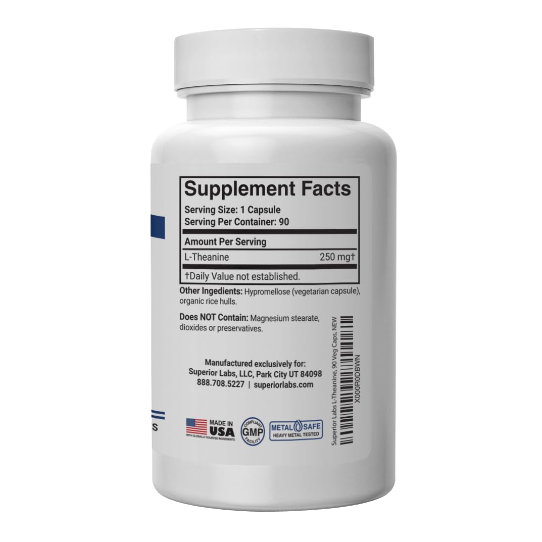 Superior Labs Theanine 250 mg : emballage clair soulignant la pureté et l’absence d’additifs.