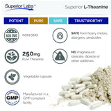 Superior Labs Theanine 250 mg : étiquette valorisant la sécurité et la qualité du produit.
