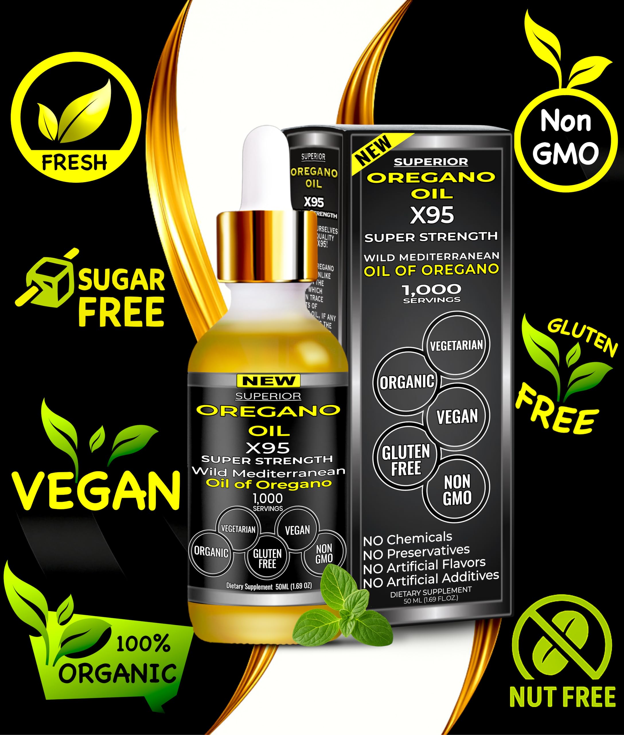 SUPERIOR OREGANO OIL X935 - Étiquette naturelle reflétant pureté et sans additifs.
