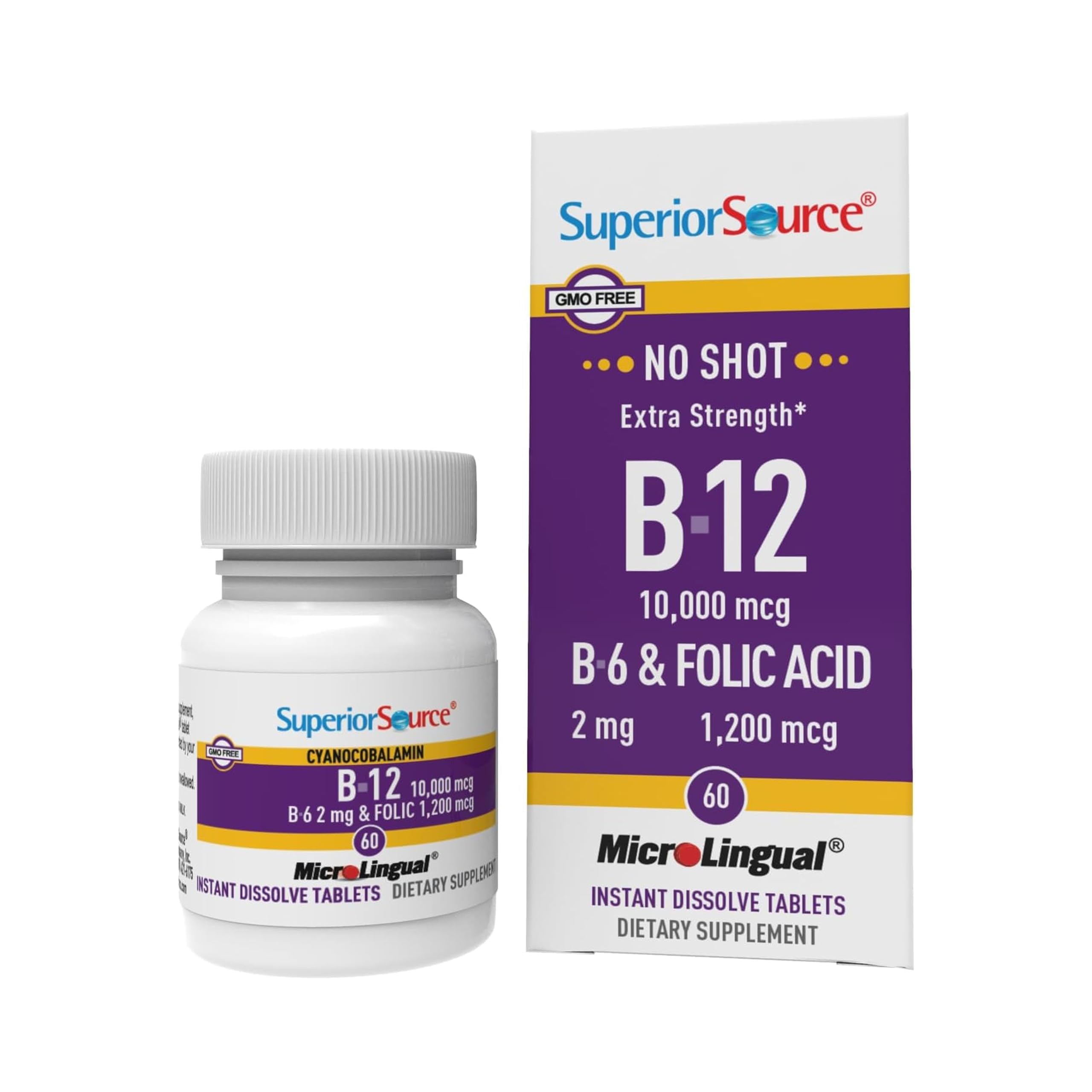 Tablettes Sublinguales Superior Source B12 10000 mcg, dissolution rapide sous la langue.