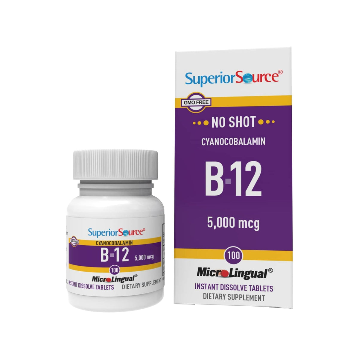 Superior Source B-12 sublingual, emballage pratique pour énergie quotidienne.