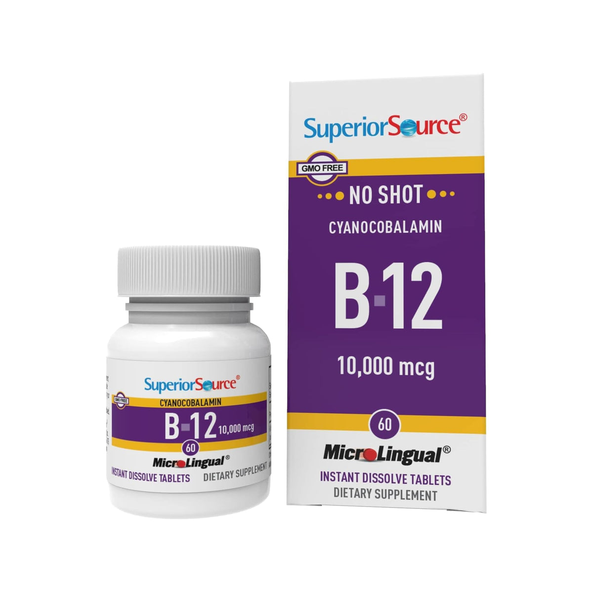 Tablettes Sublinguales Superior Source B12 dans l'emballage prêt à l'emploi.