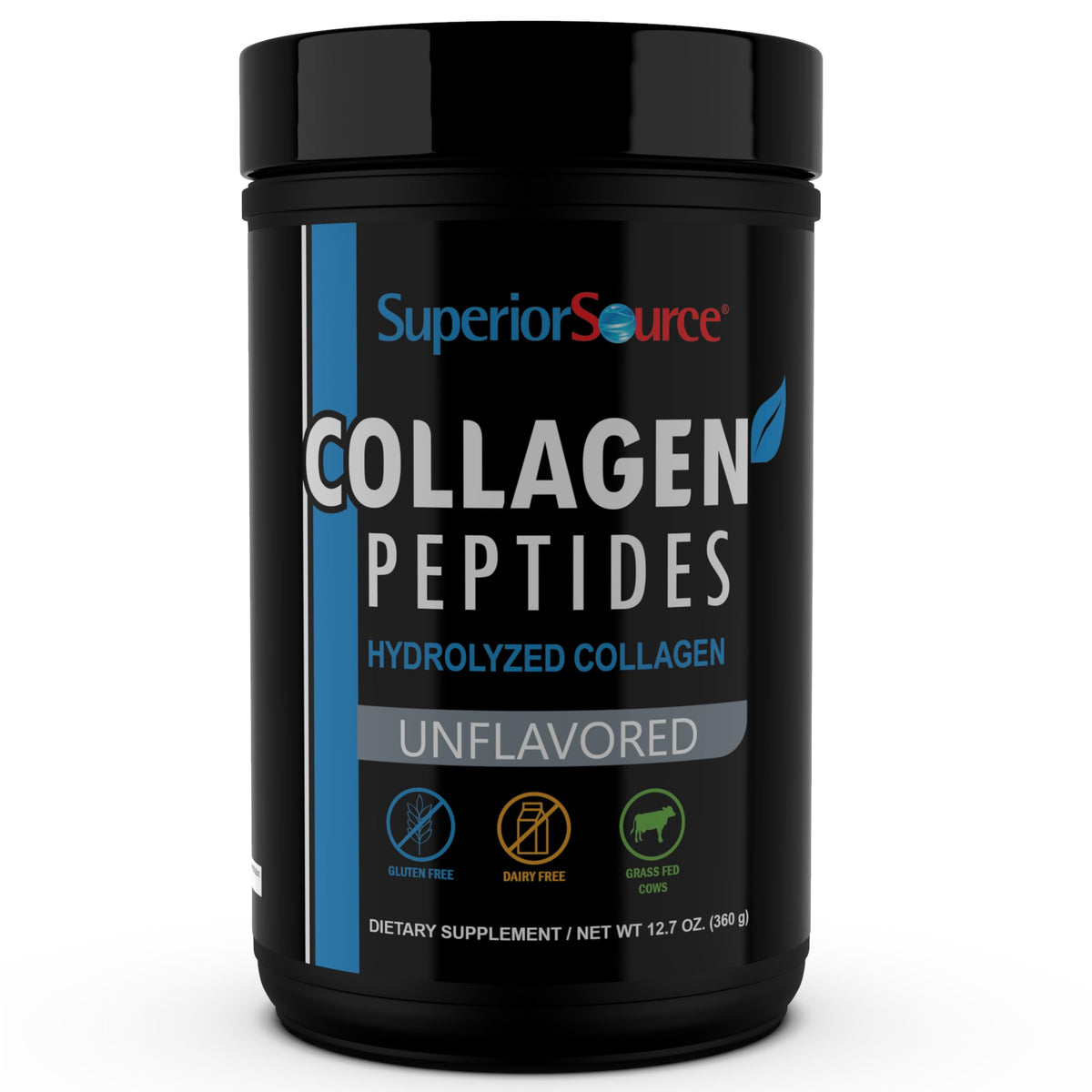 Bouteille Superior Source collagène peptides, soutien potentiel pour cheveux et peau.