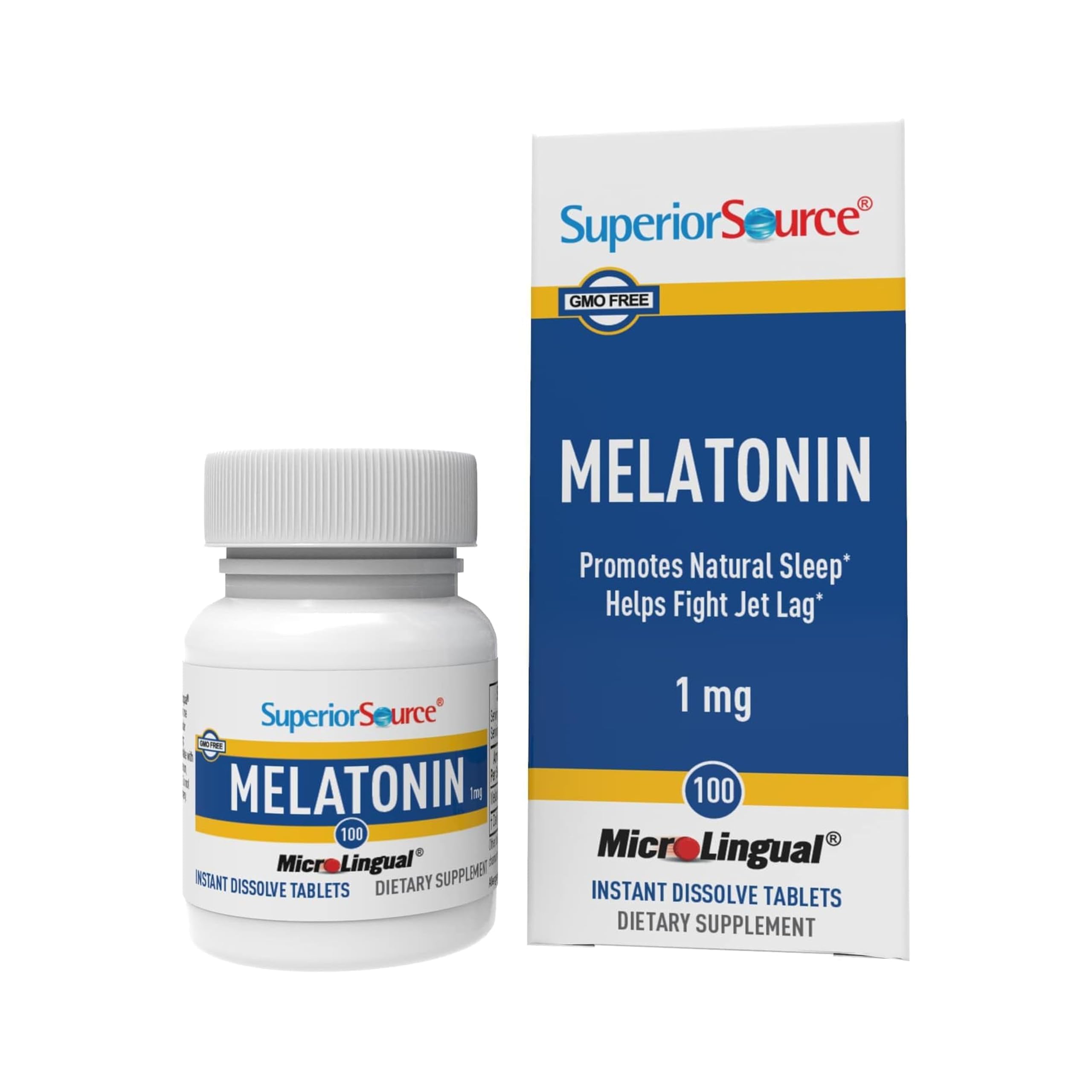 Superior Source Mélatonine: boîte et comprimés dissolvants, pratique pour un sommeil plus facile.