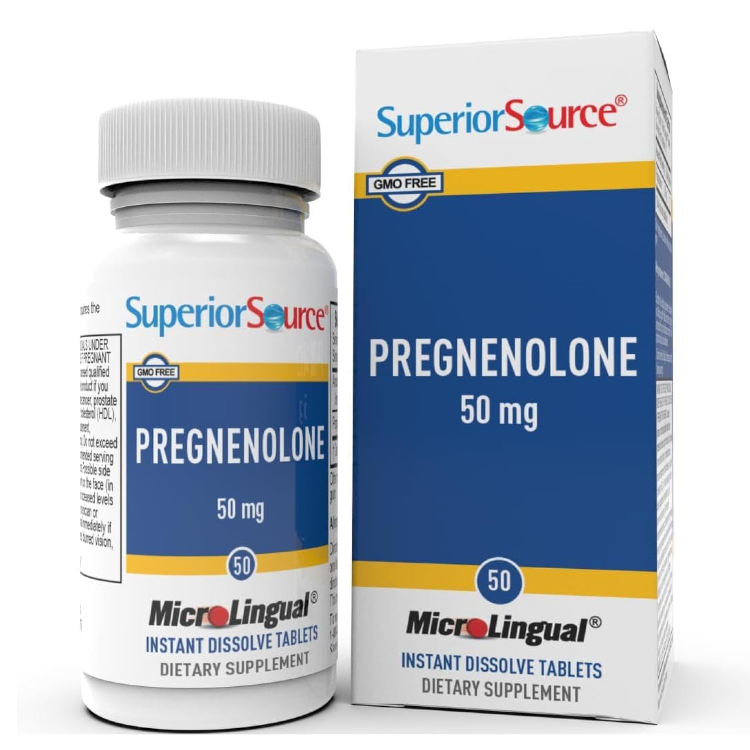 Superior Source Pregnenolone 50 mg — comprimés et flacon, soutien potentiel au cerveau.