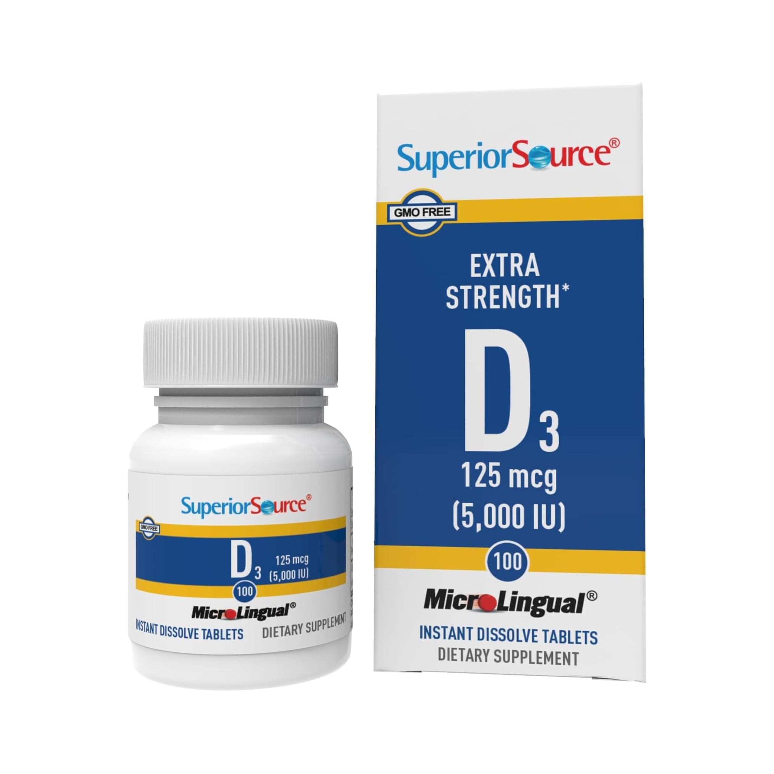 Bouteille Superior Source Vitamine D3 5000 UI montrant l'étiquette, soutien immunitaire potentiel.