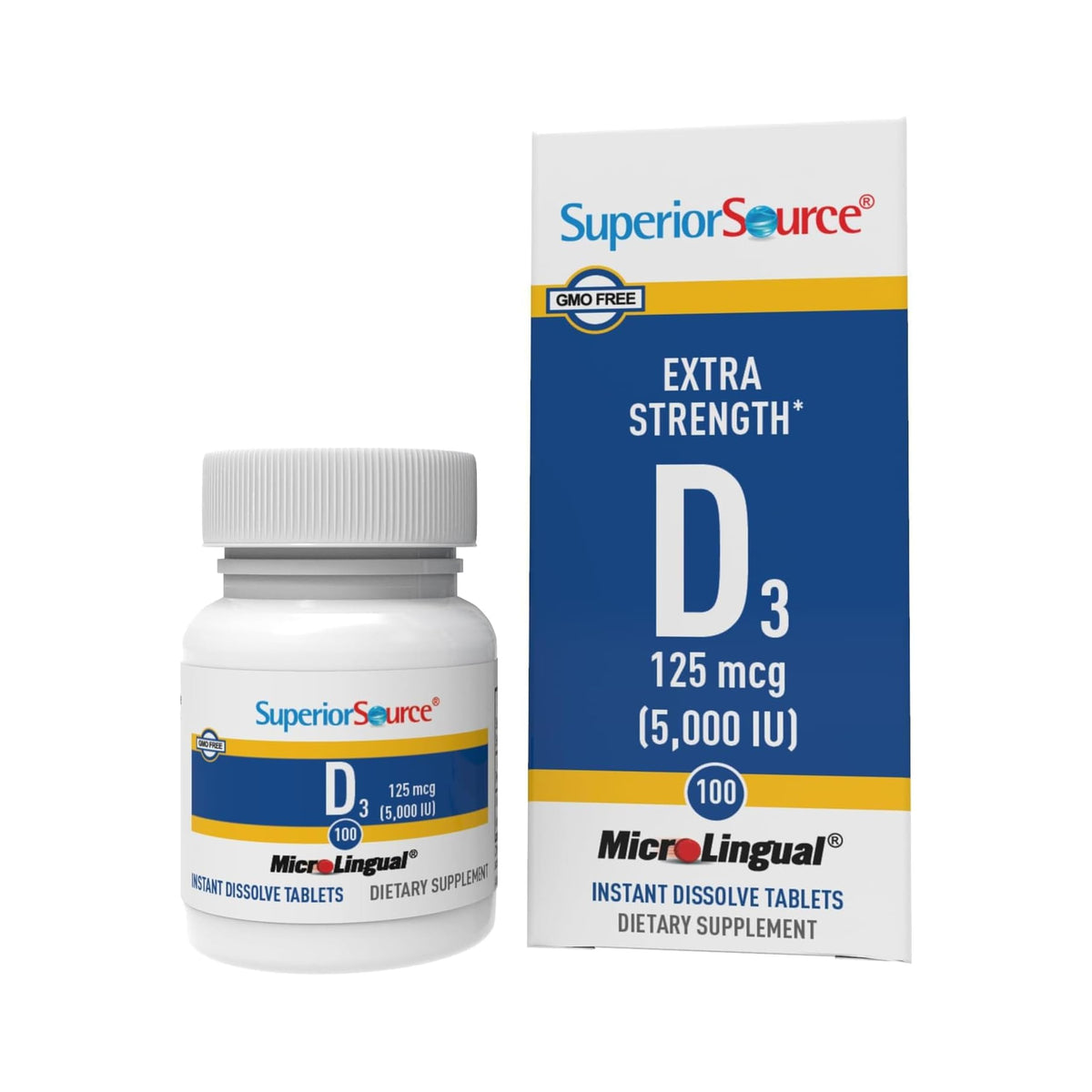 Bouteille Superior Source Vitamine D3 5000 UI montrant l'étiquette, soutien immunitaire potentiel.