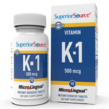 Superior Source Vitamine K1 500 mcg, bouteille sublinguale, dissolution facile pour l'absorption du calcium.