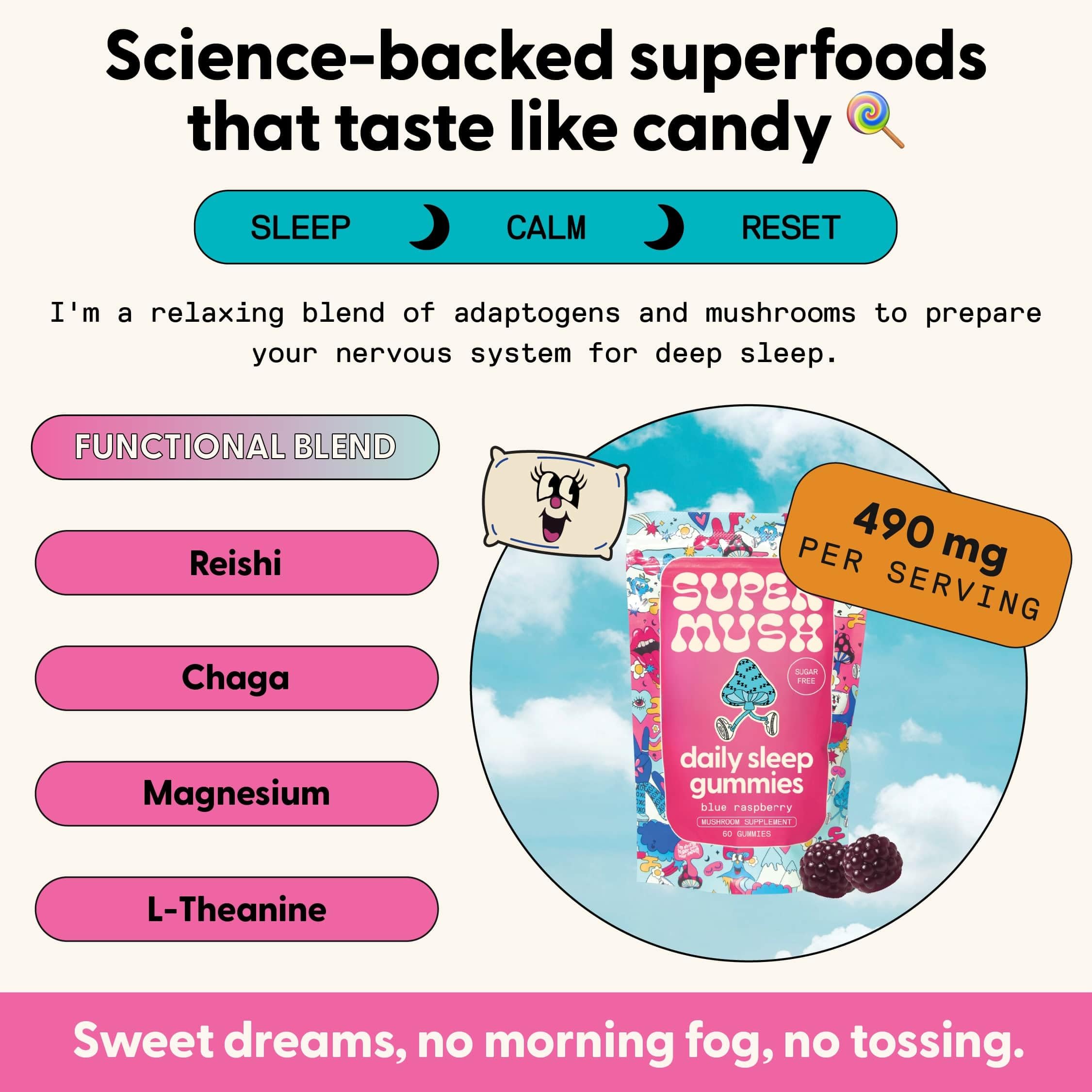 SuperMush bonbons sommeil – bouteille fermée et étiquetage clair des usages.