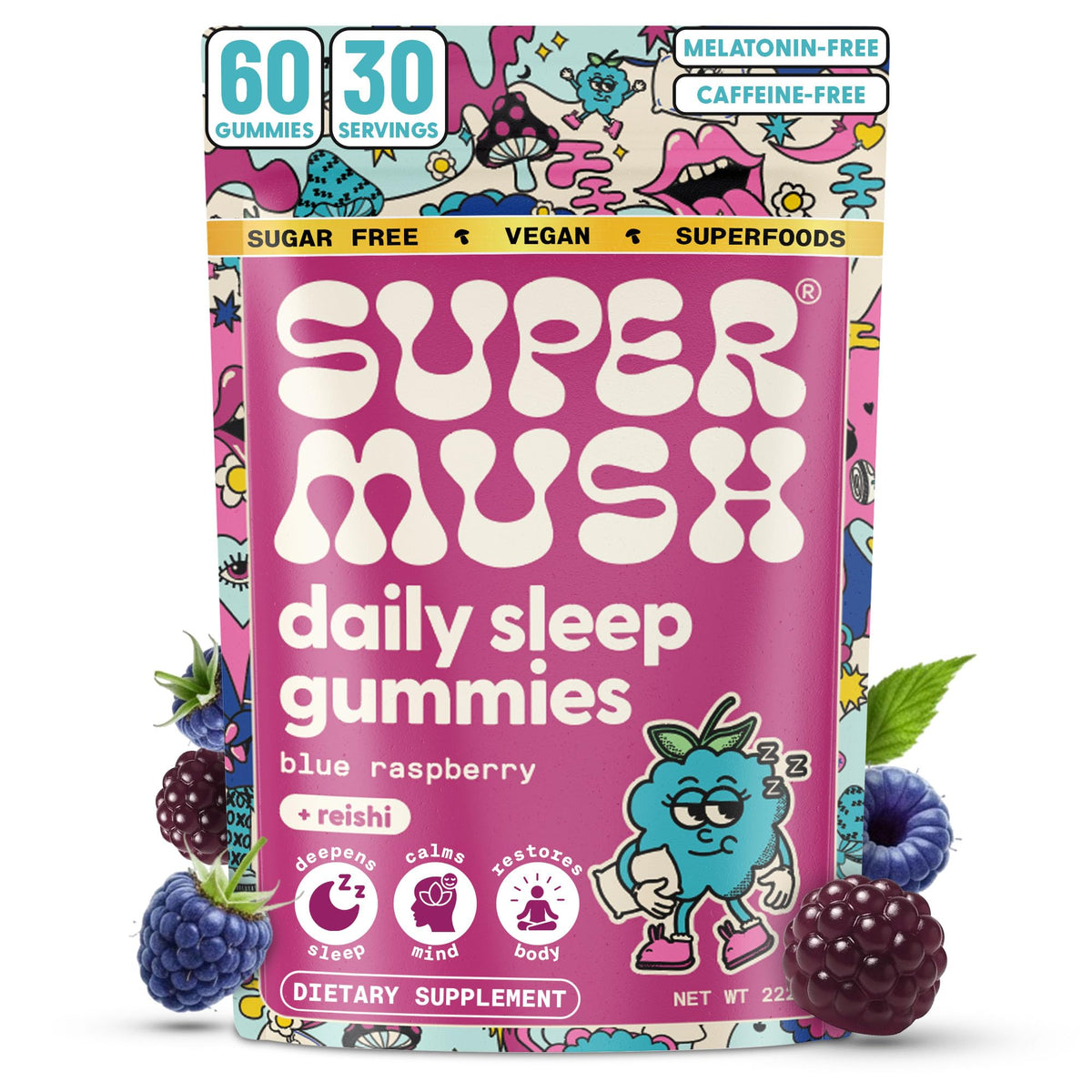SuperMush bonbons sommeil – bouteille ouverte, favorise la détente nocturne.
